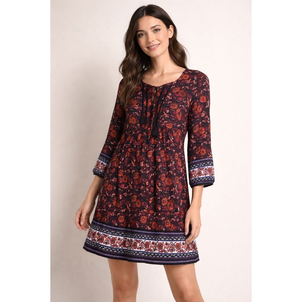 Old Navy Boho Floral Peasant Dress Black Red Small Tunic